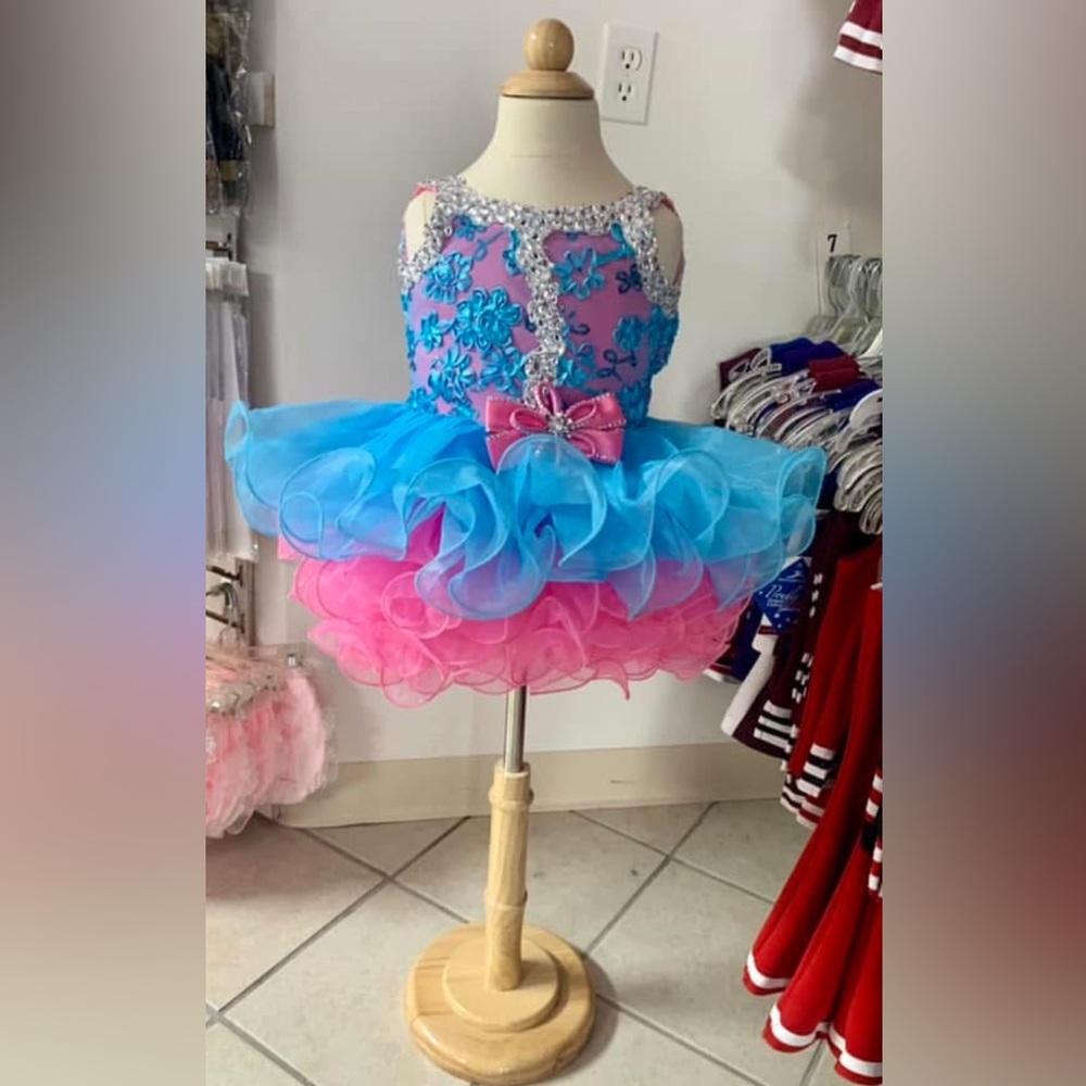 Childs Size 3 Pink & Blue Beaded Cupcake Pageant Dress with Matching Bow NWT